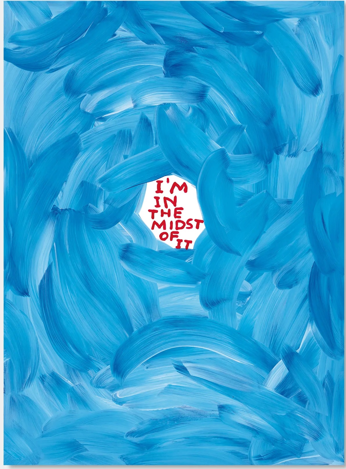 A blue textured background with a central white circle containing red text.