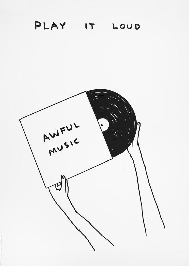 A drawing of a person holding a record with the words AWFUL MUSIC written on it.