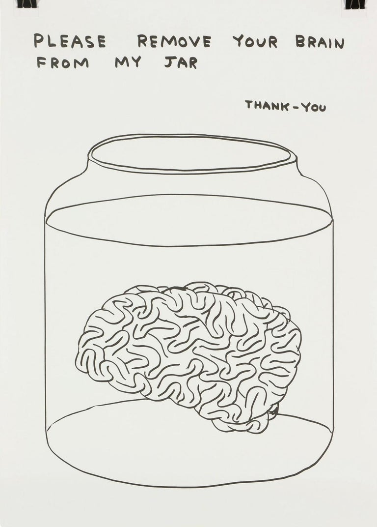 A black-and-white line drawing of a jar containing a brain, with humorous text above it.