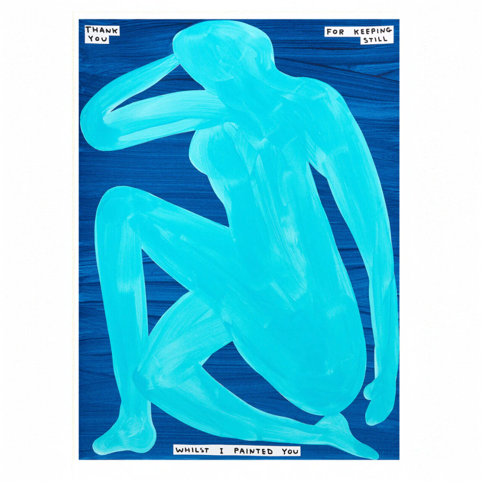 A blue painting of a nude woman sitting on the ground.