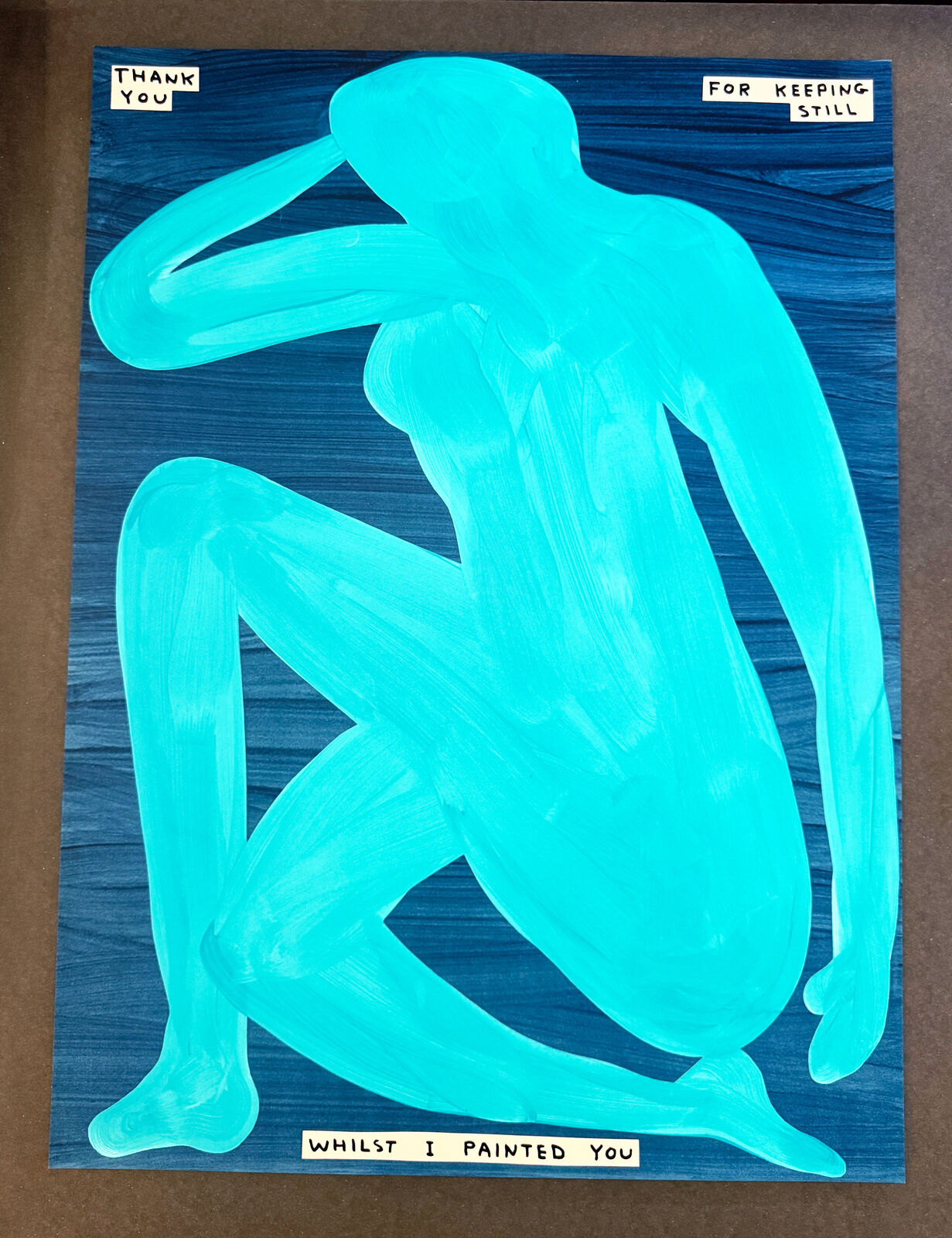 A blue painting of a nude woman sitting on the ground.