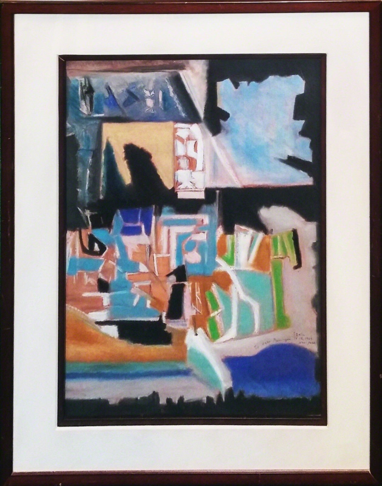 A painting of a house with a boat in the water.