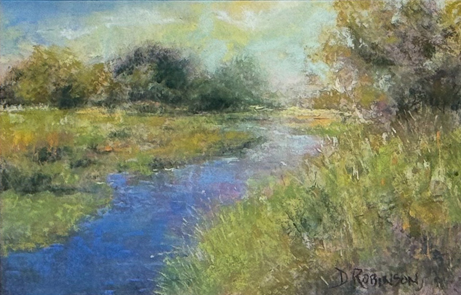 A painting of a river running through a grassy field.