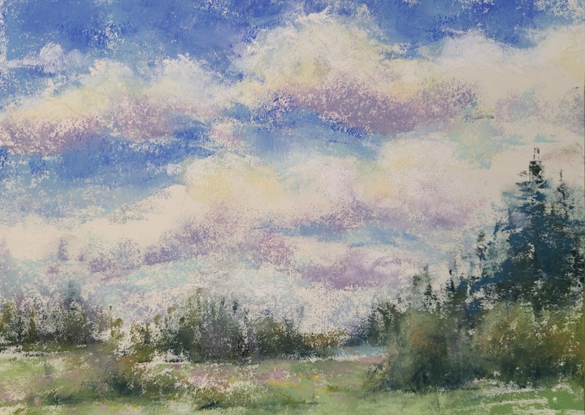 A painting of a field with trees and clouds in the sky.