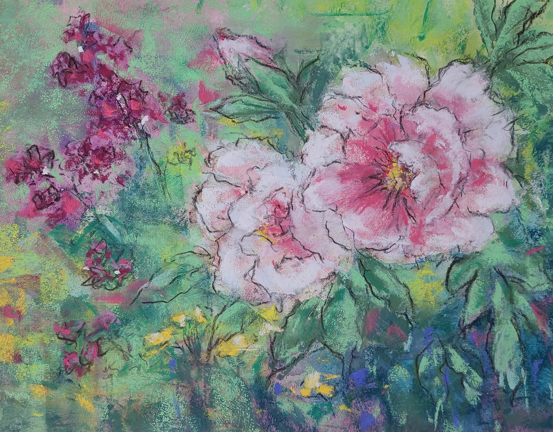 A painting of pink flowers in a vase on a green background.