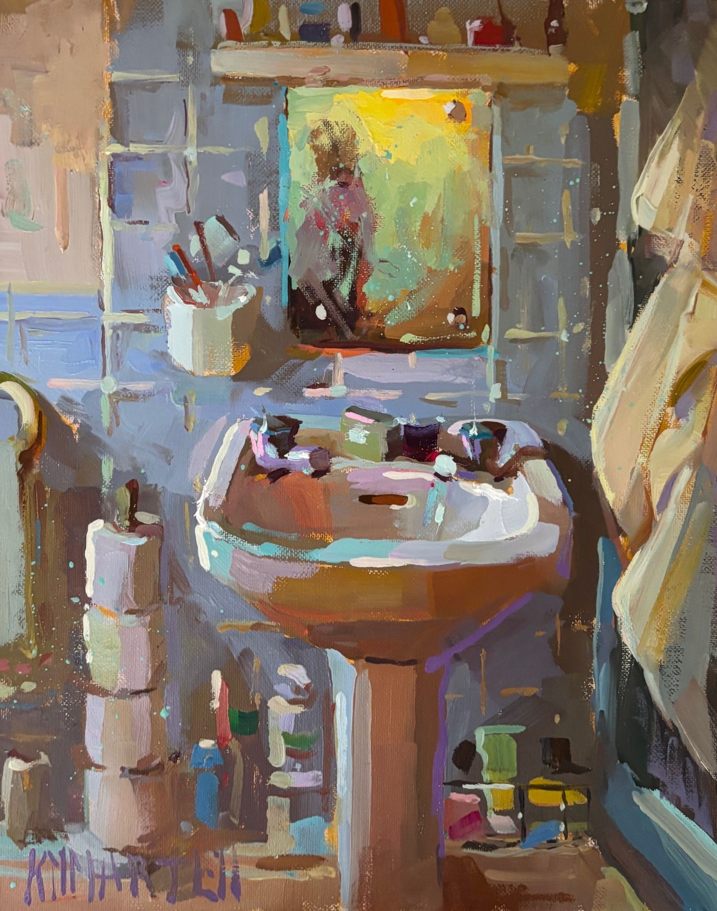 A vibrant, impressionistic interior scene featuring a pedestal sink and an artist's workspace.