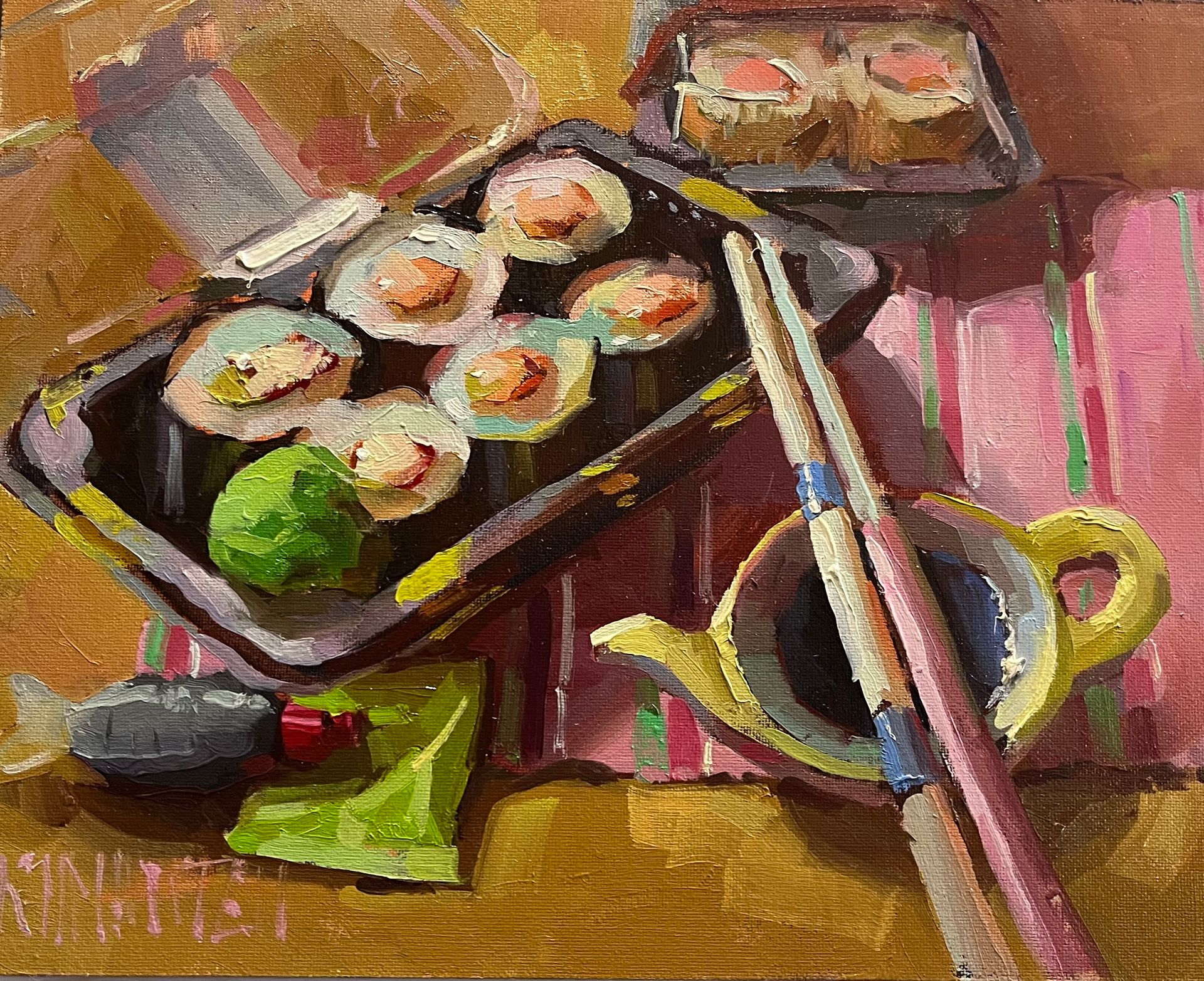 A vibrant still life painting of a tray of sushi with chopsticks and condiments.