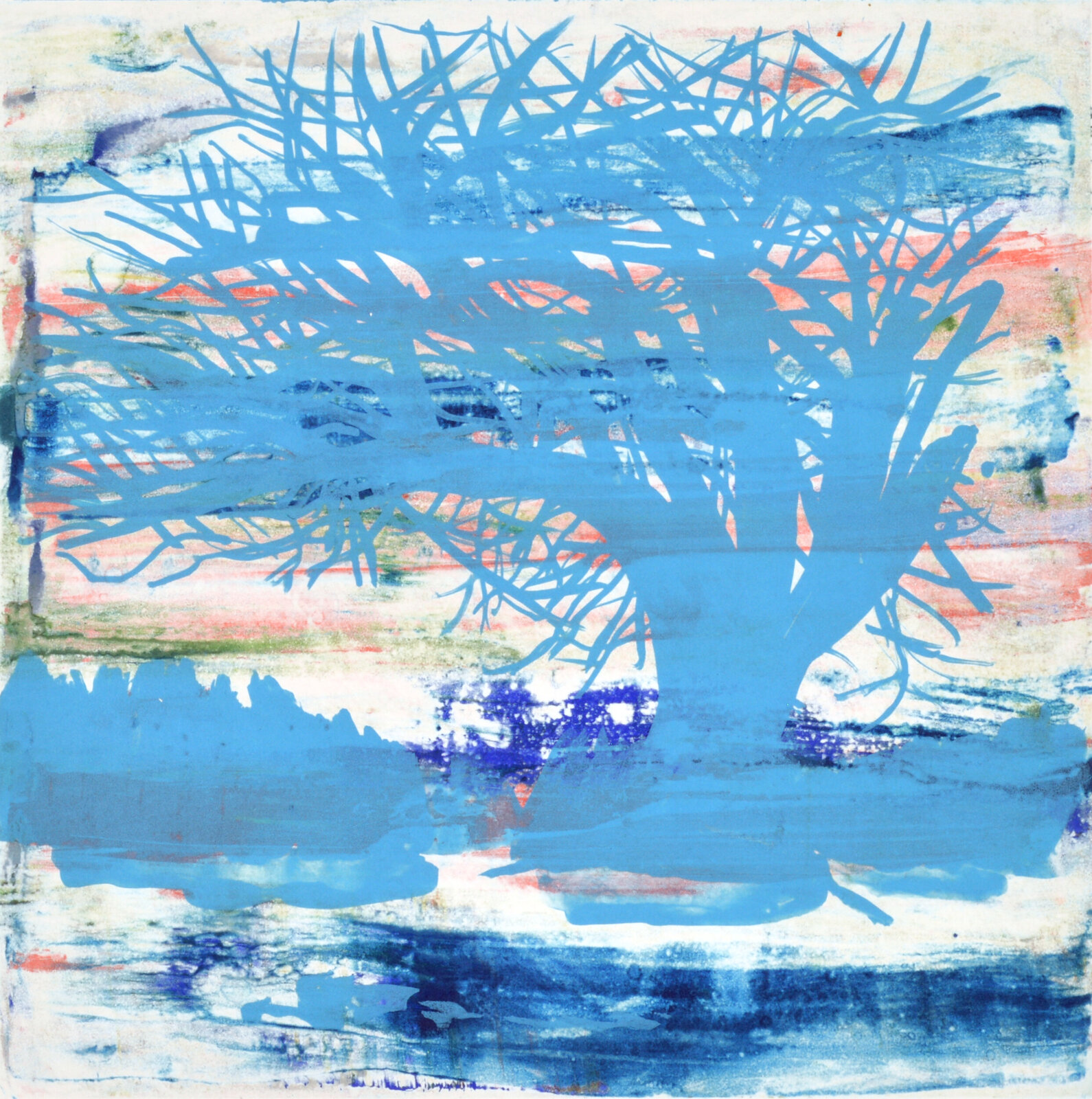 A painting of a blue tree on a white background.