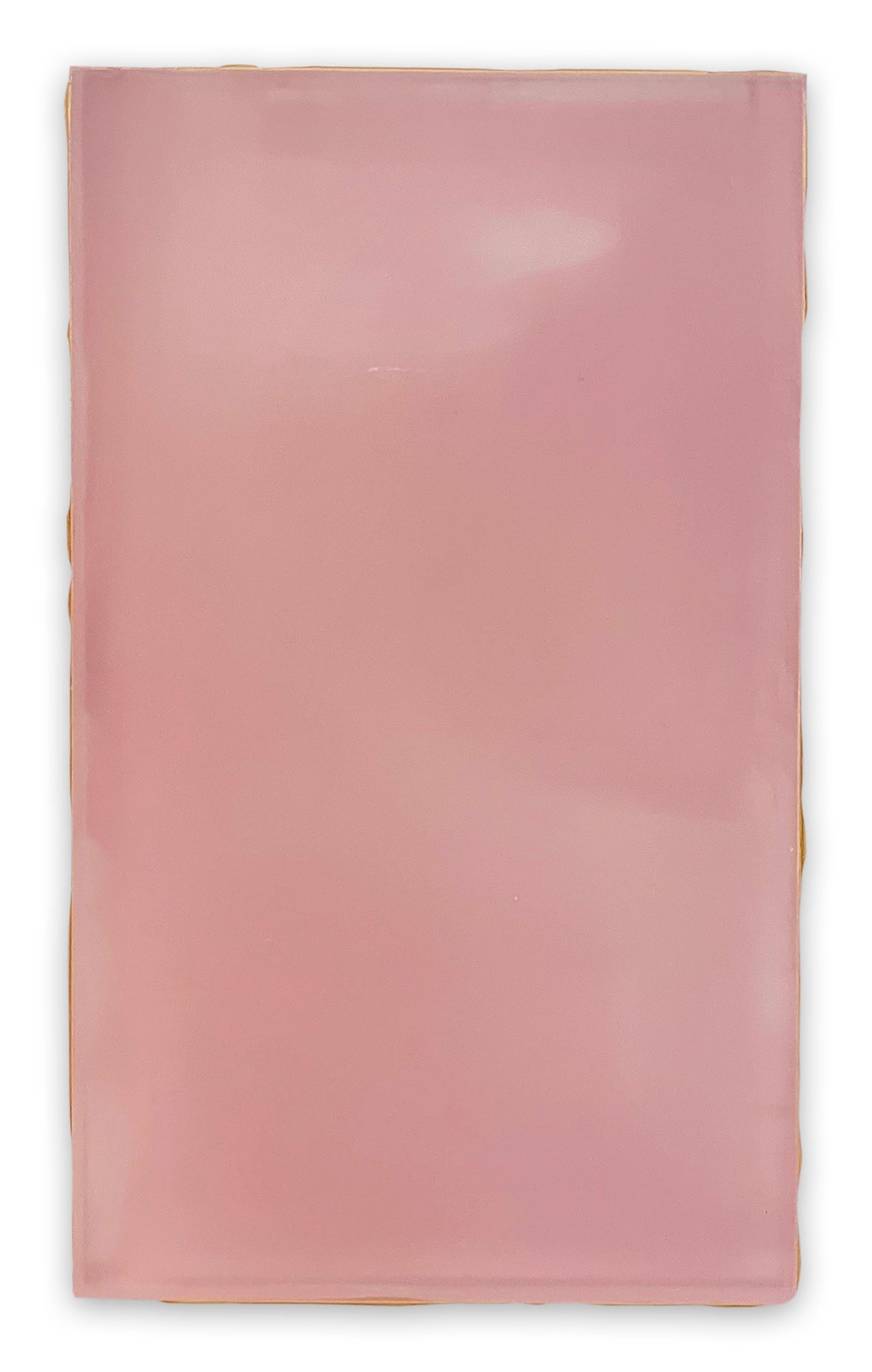 Three pink and purple glass panels on a white wall.