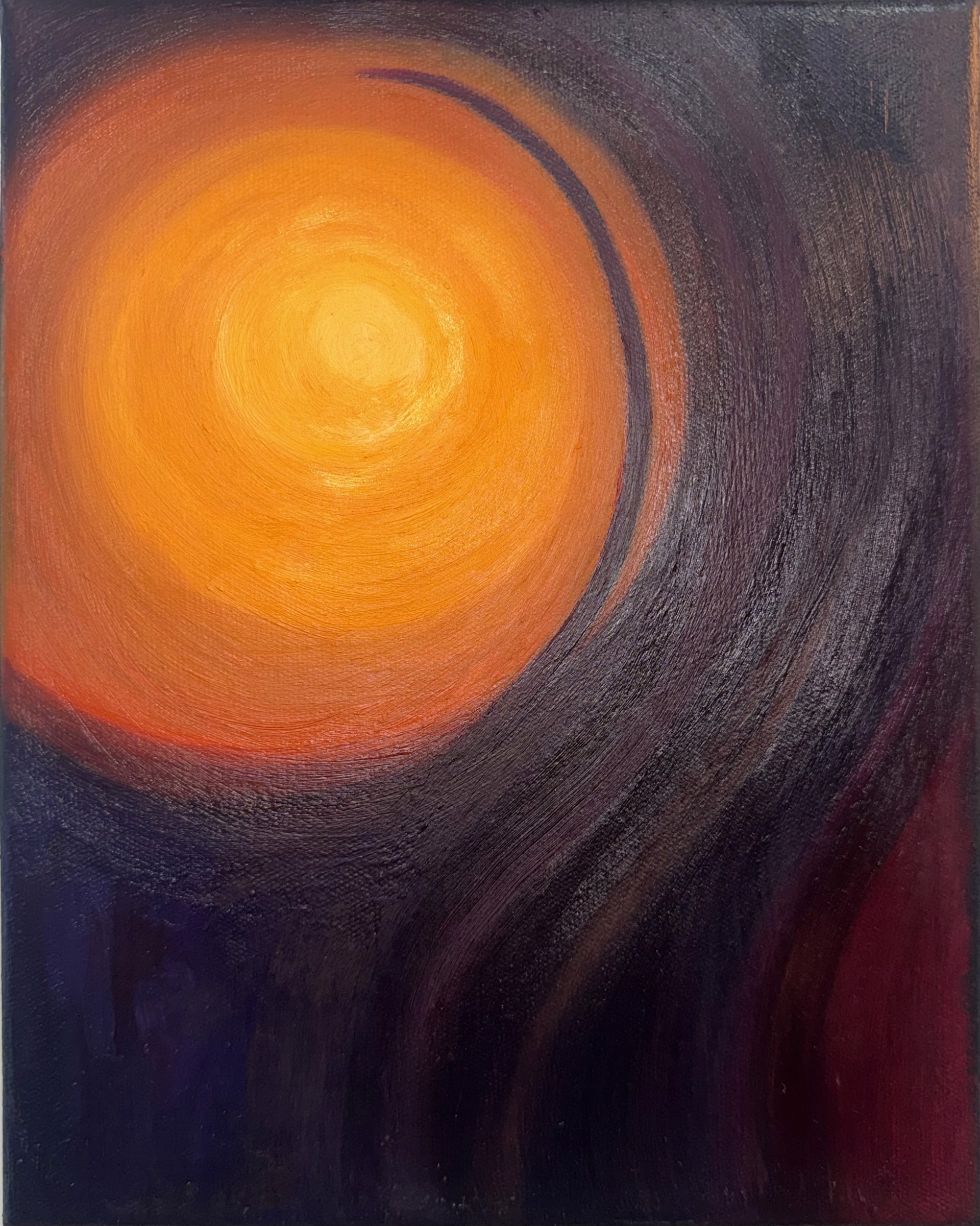 A painting of an orange and black painting on a black background.