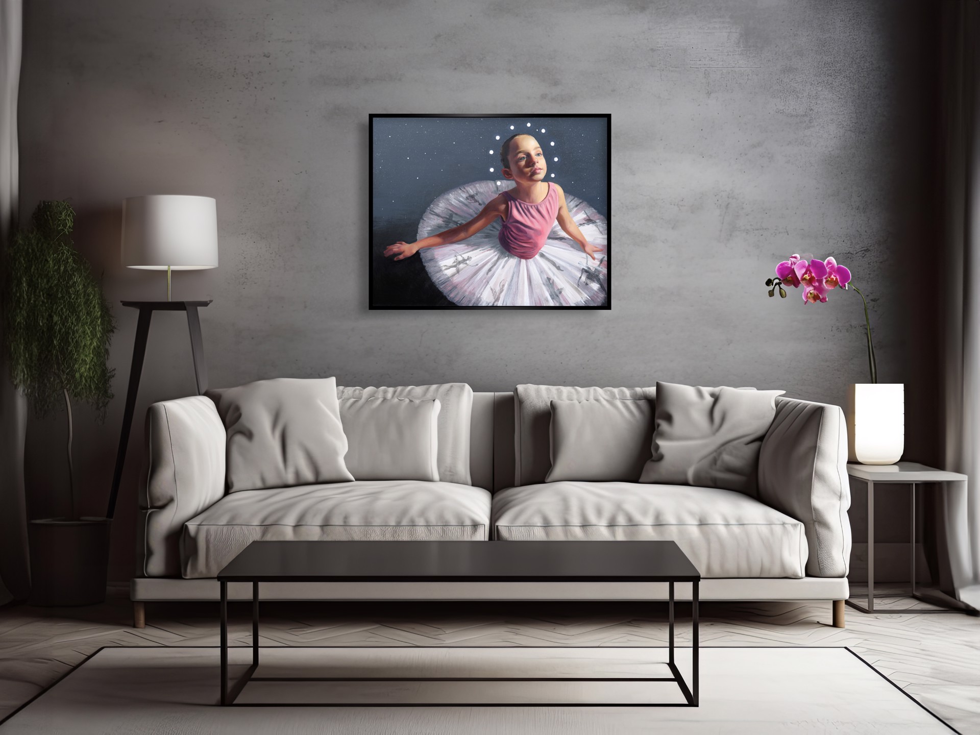 A painting of a young ballerina in a pink leotard and white tutu.