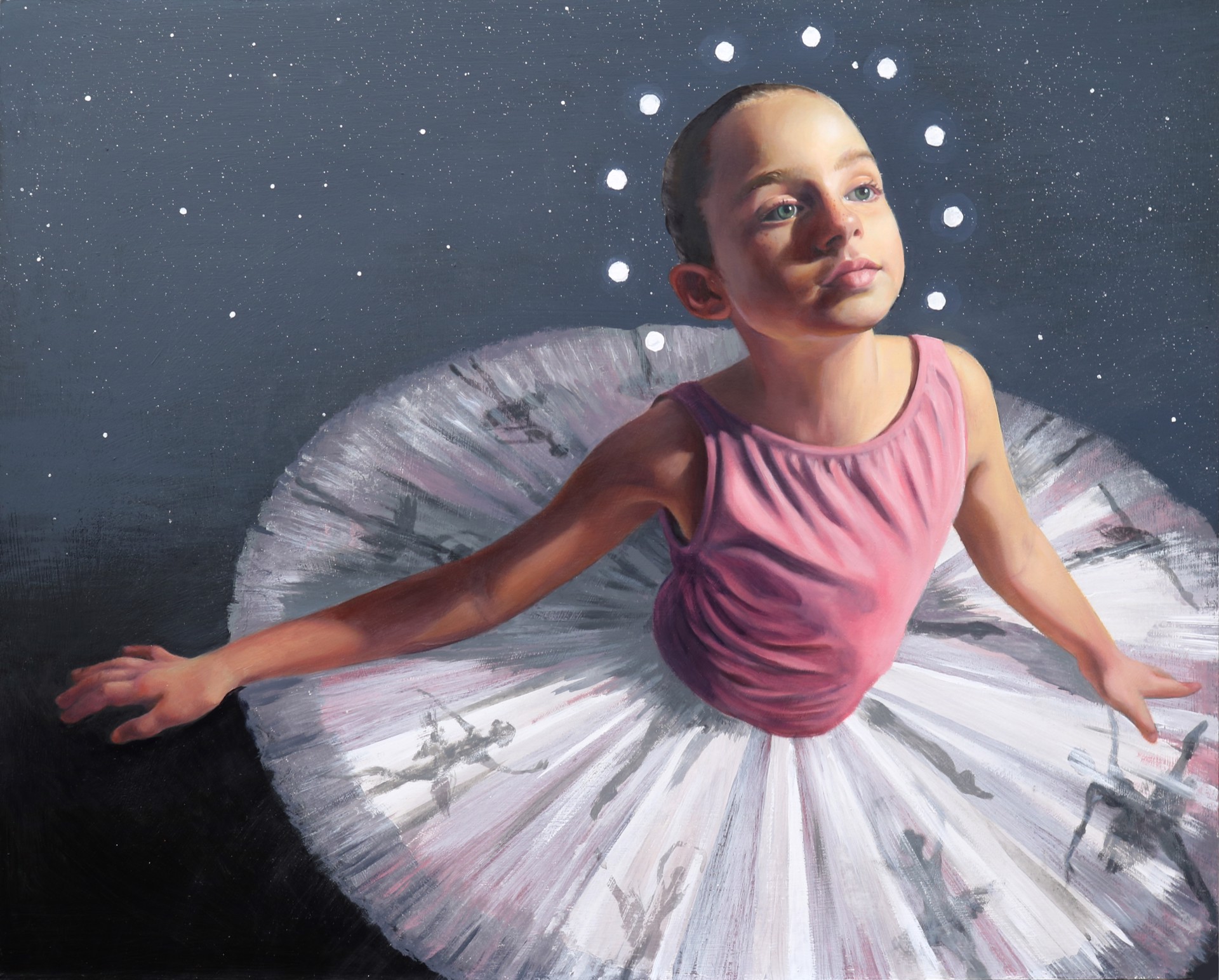 A painting of a young ballerina in a pink leotard and white tutu.