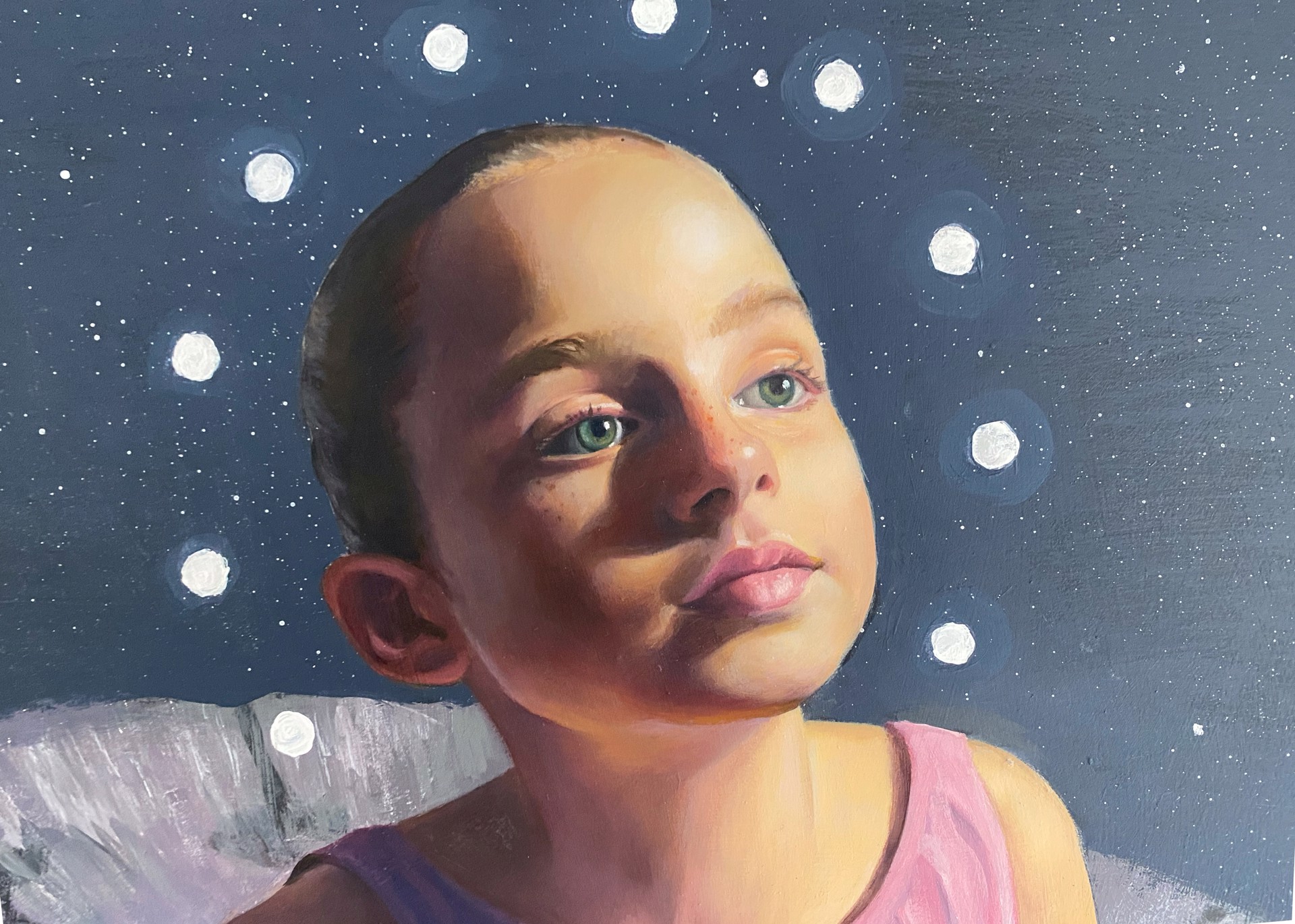 A painting of a young ballerina in a pink leotard and white tutu.