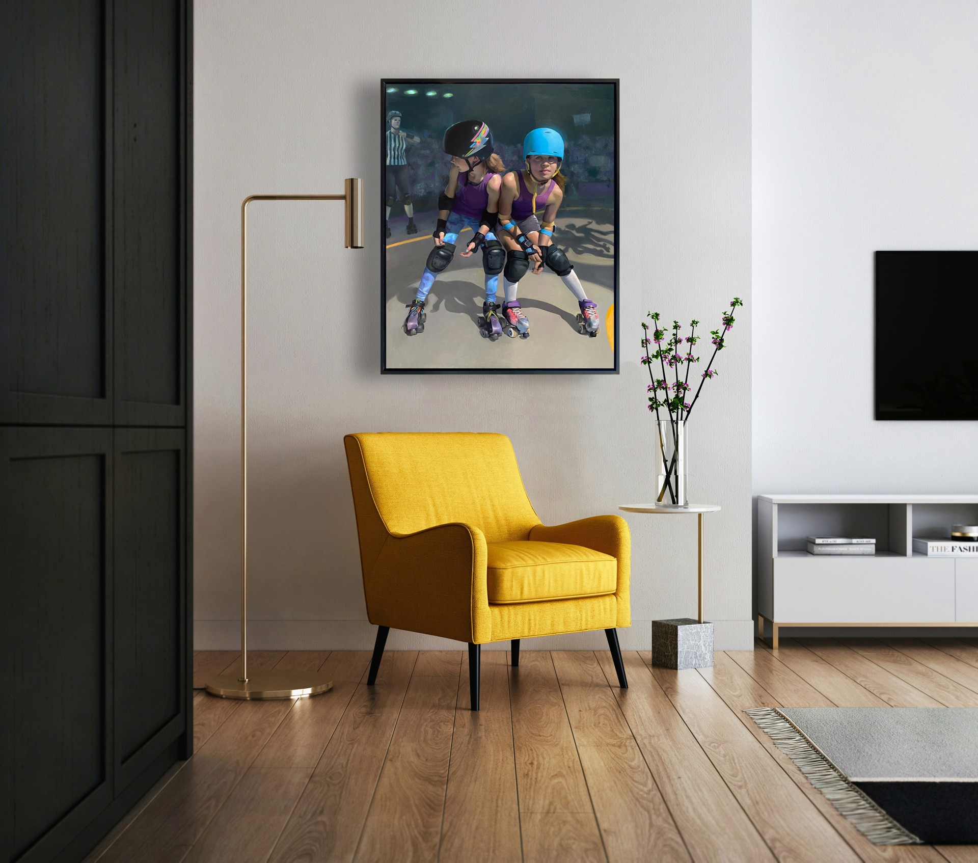 A painting of two young girls on roller skates on a rink.