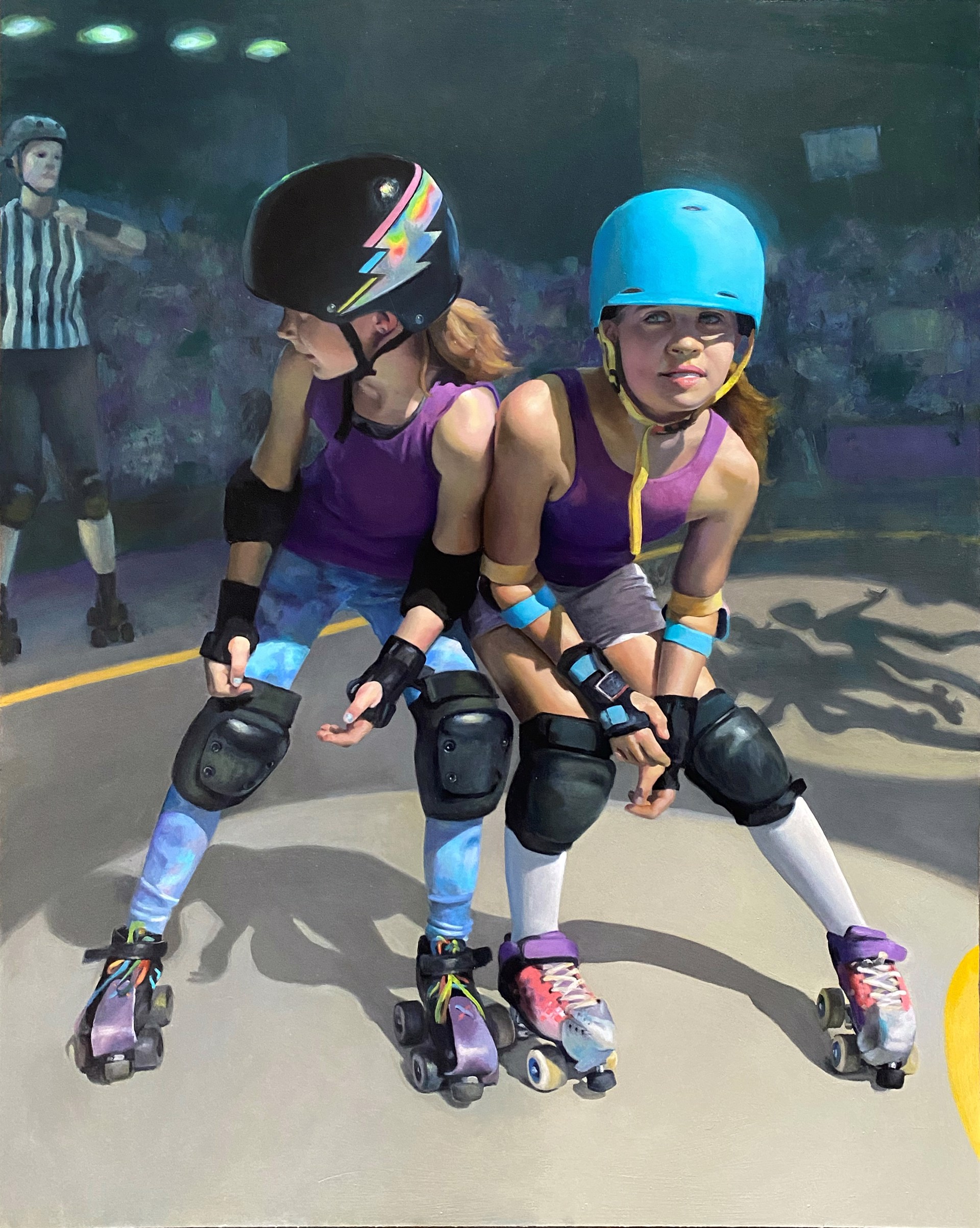 A painting of two young girls on roller skates on a rink.
