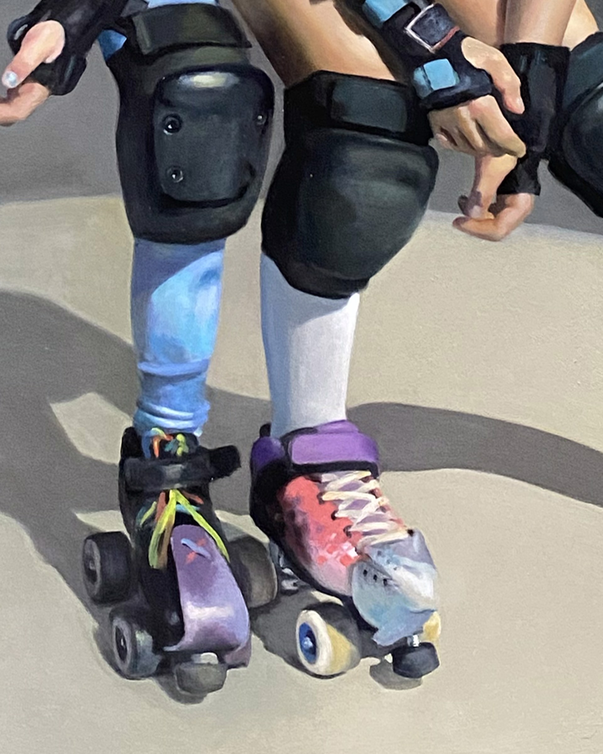 A painting of two young girls on roller skates on a rink.