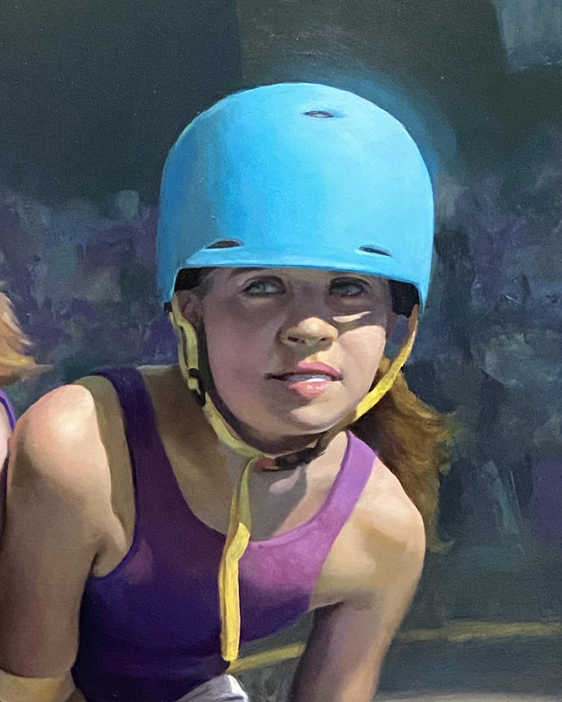 A painting of two young girls on roller skates on a rink.