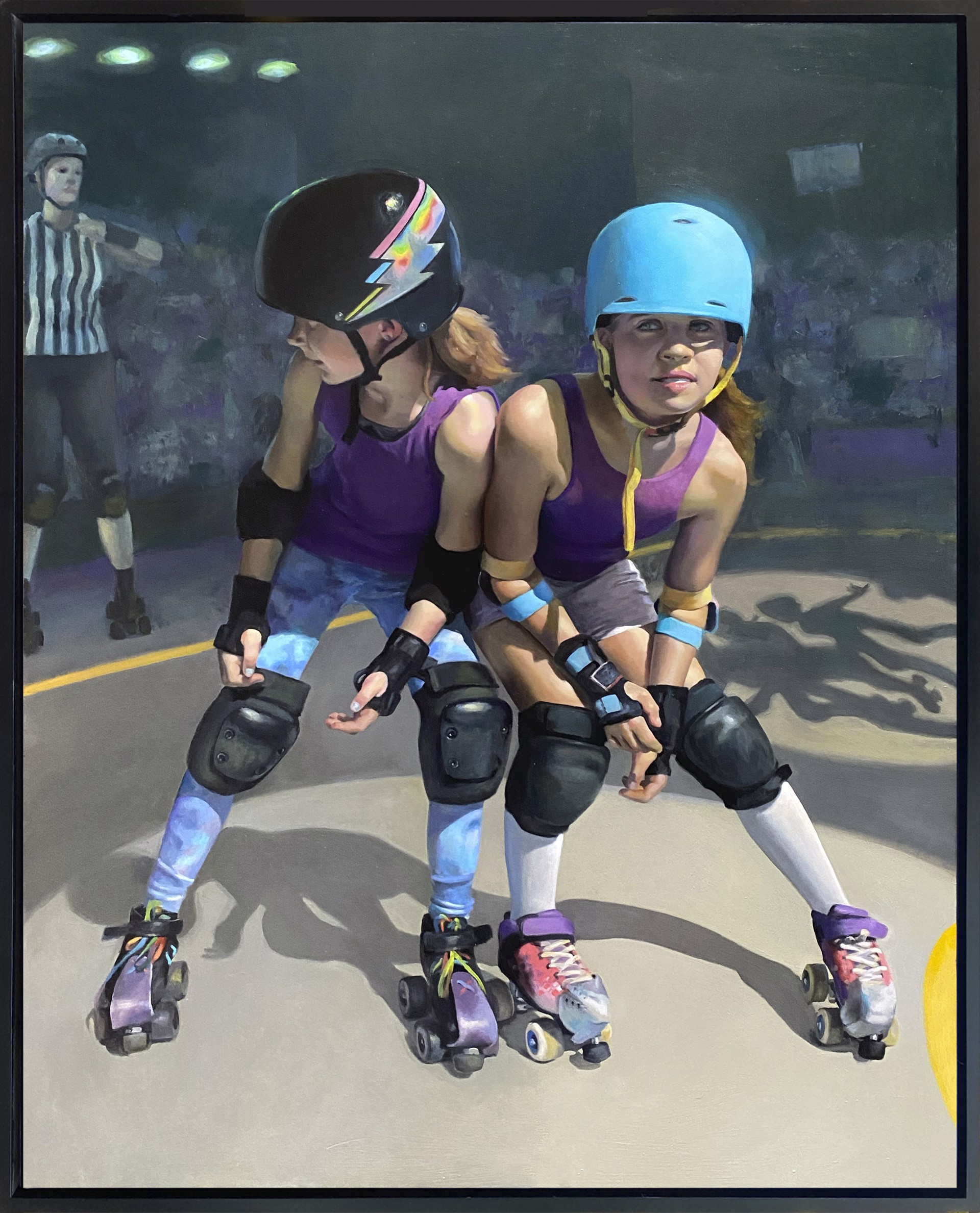 A painting of two young girls on roller skates on a rink.