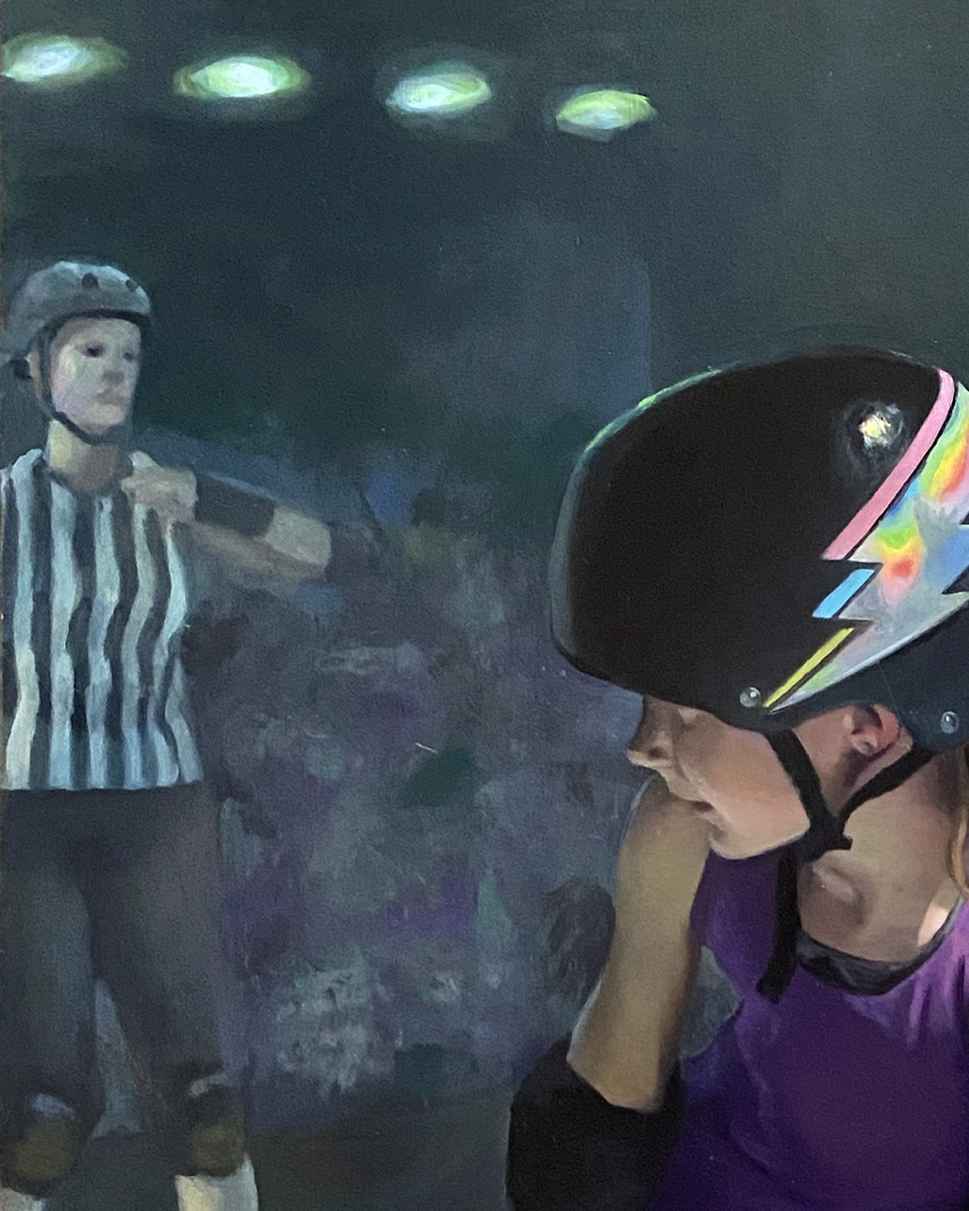 A painting of two young girls on roller skates on a rink.
