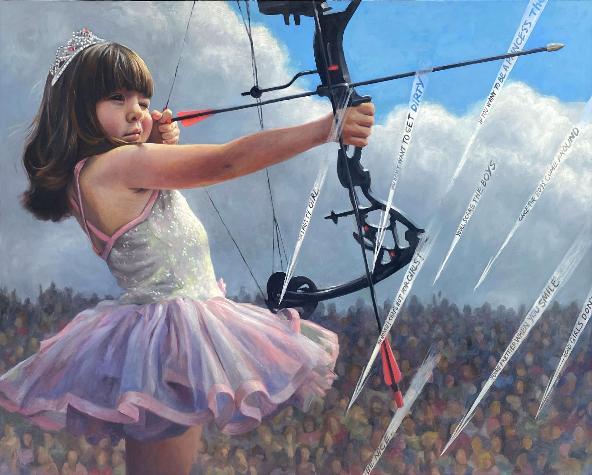 A painting of a little girl in a pink dress holding a bow and arrow.