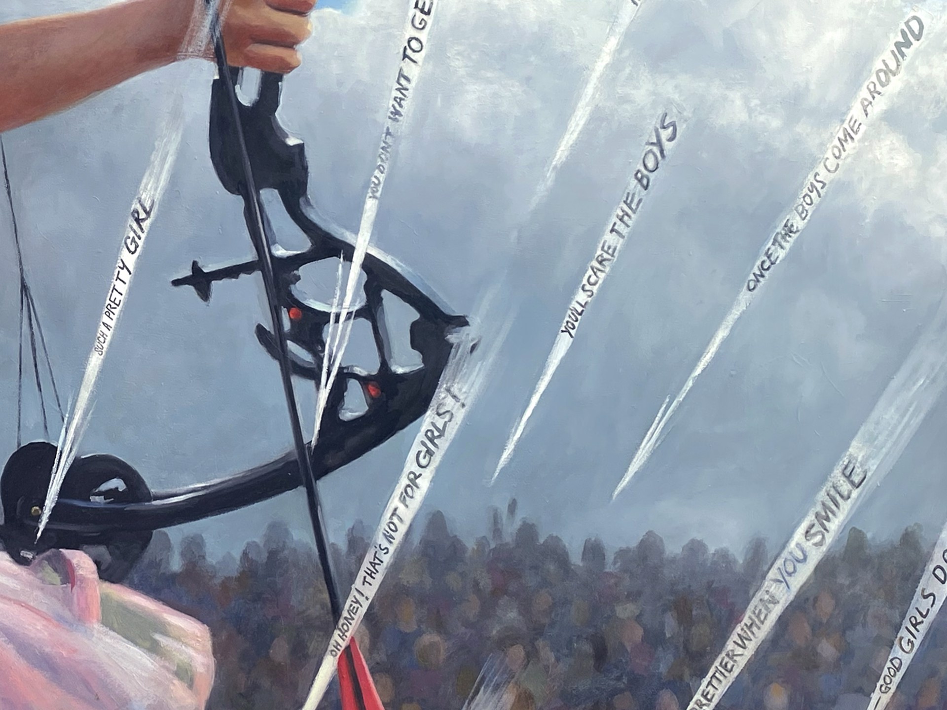 A painting of a little girl in a pink dress holding a bow and arrow.