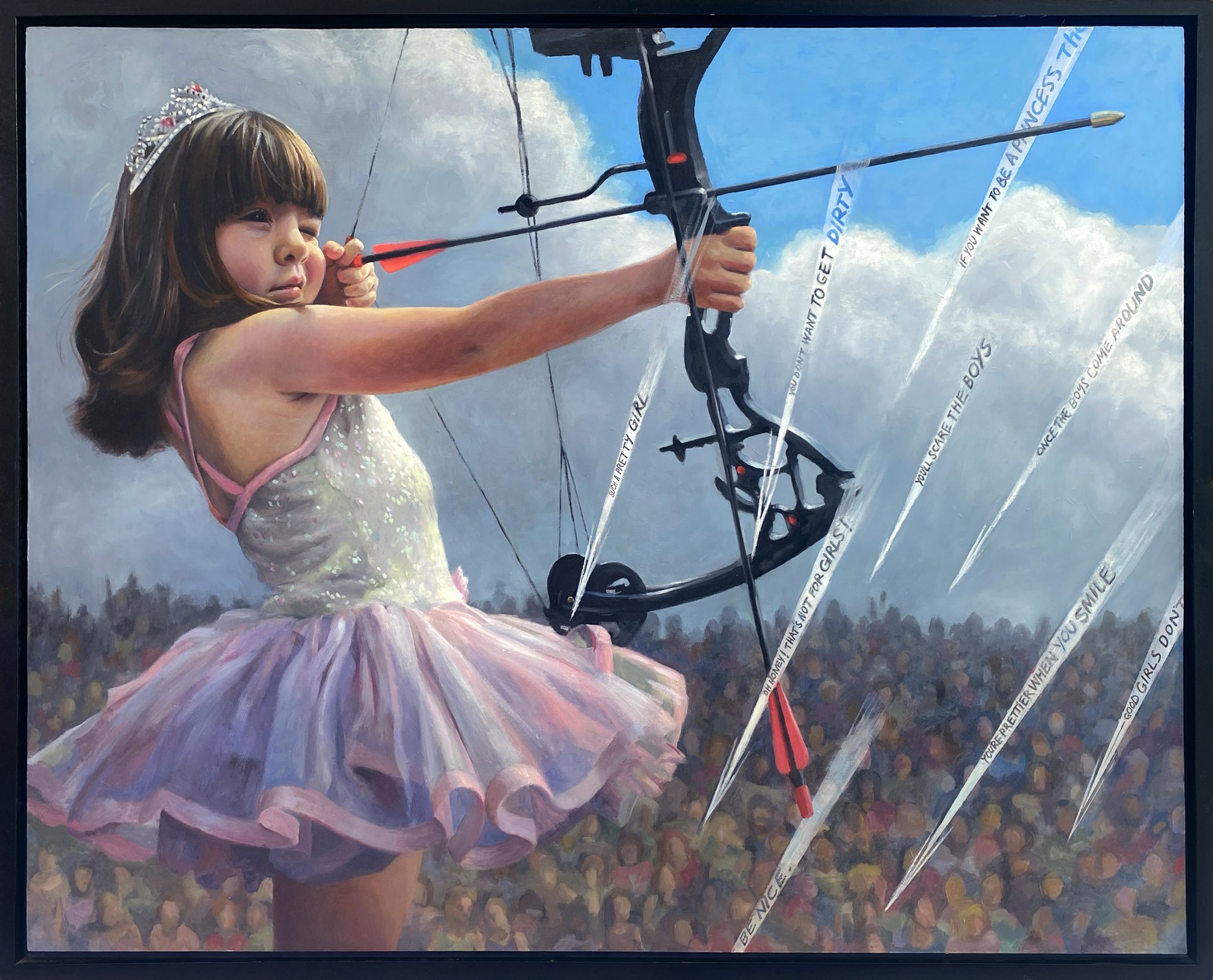 A painting of a little girl in a pink dress holding a bow and arrow.