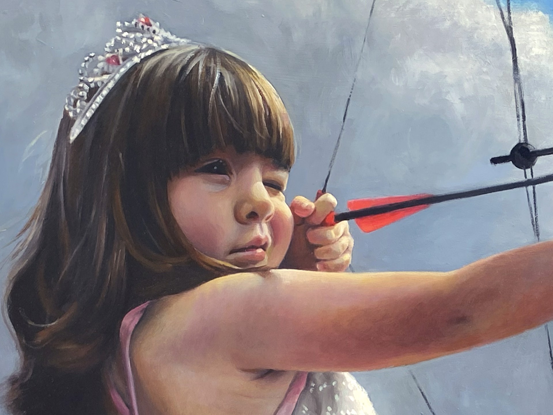 A painting of a little girl in a pink dress holding a bow and arrow.