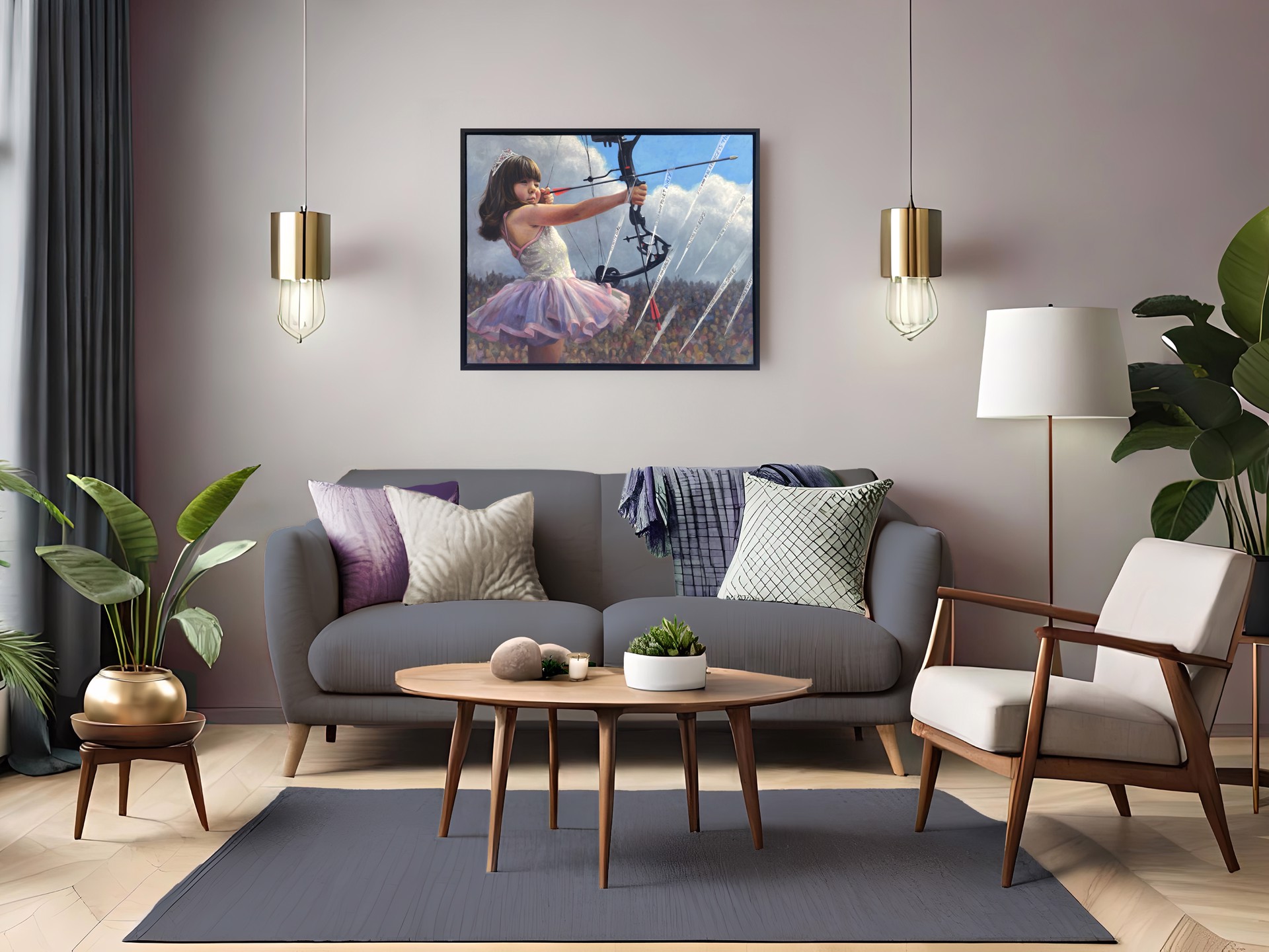 A painting of a little girl in a pink dress holding a bow and arrow.