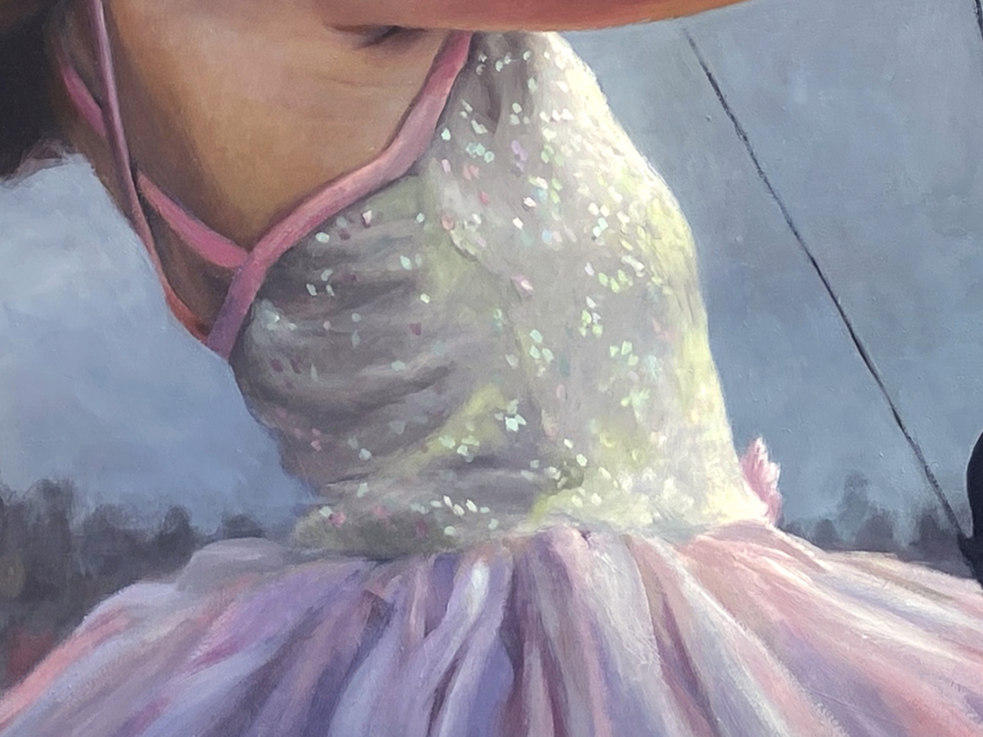 A painting of a little girl in a pink dress holding a bow and arrow.