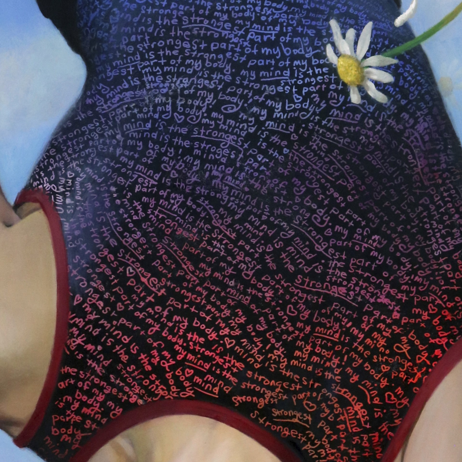 A surreal painting of a person in a leotard hanging upside down against a sky and meadow.