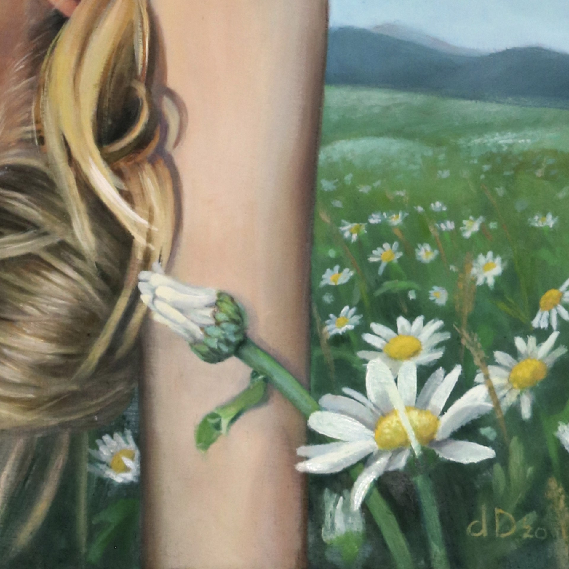 A surreal painting of a person in a leotard hanging upside down against a sky and meadow.