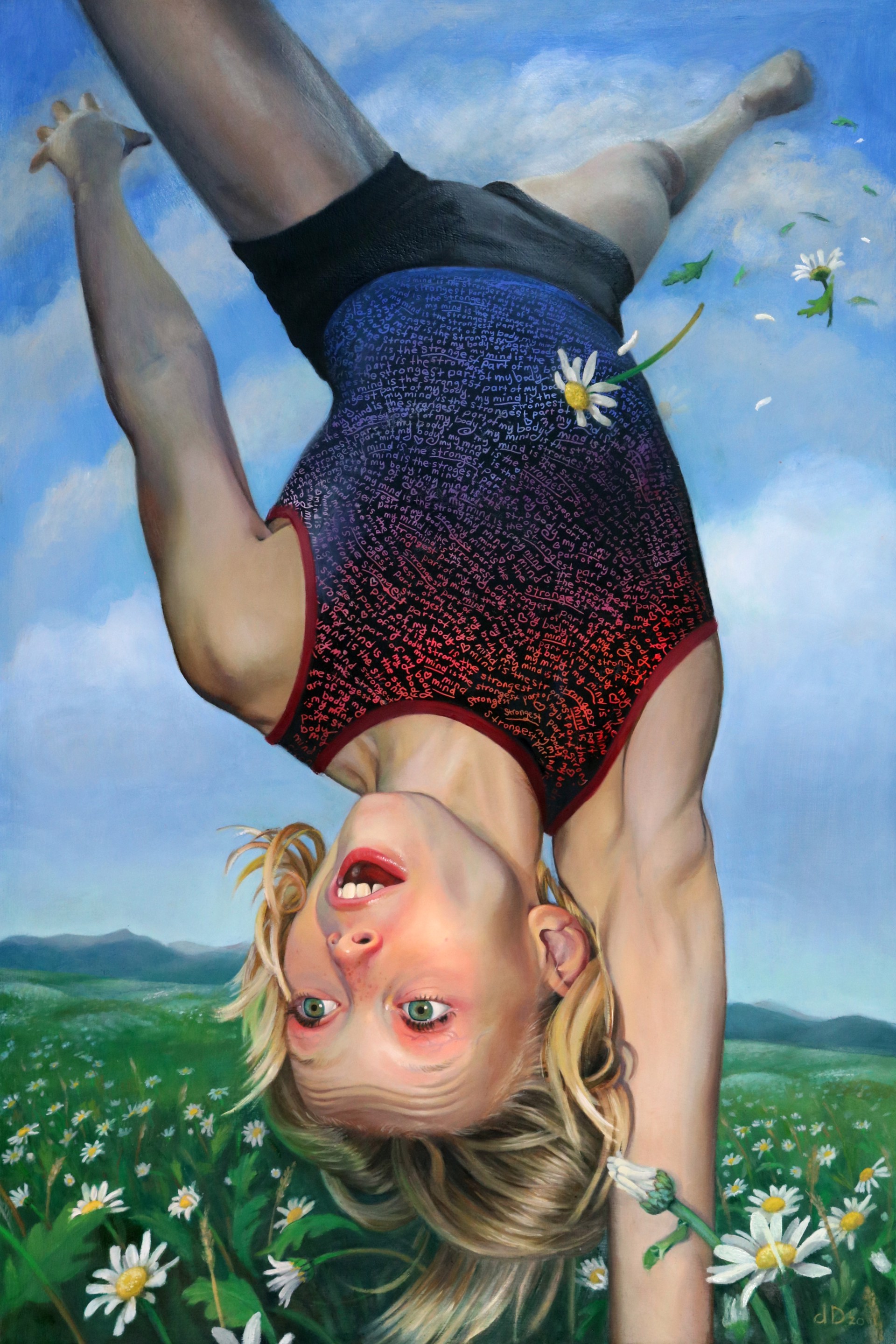 A surreal painting of a person in a leotard hanging upside down against a sky and meadow.