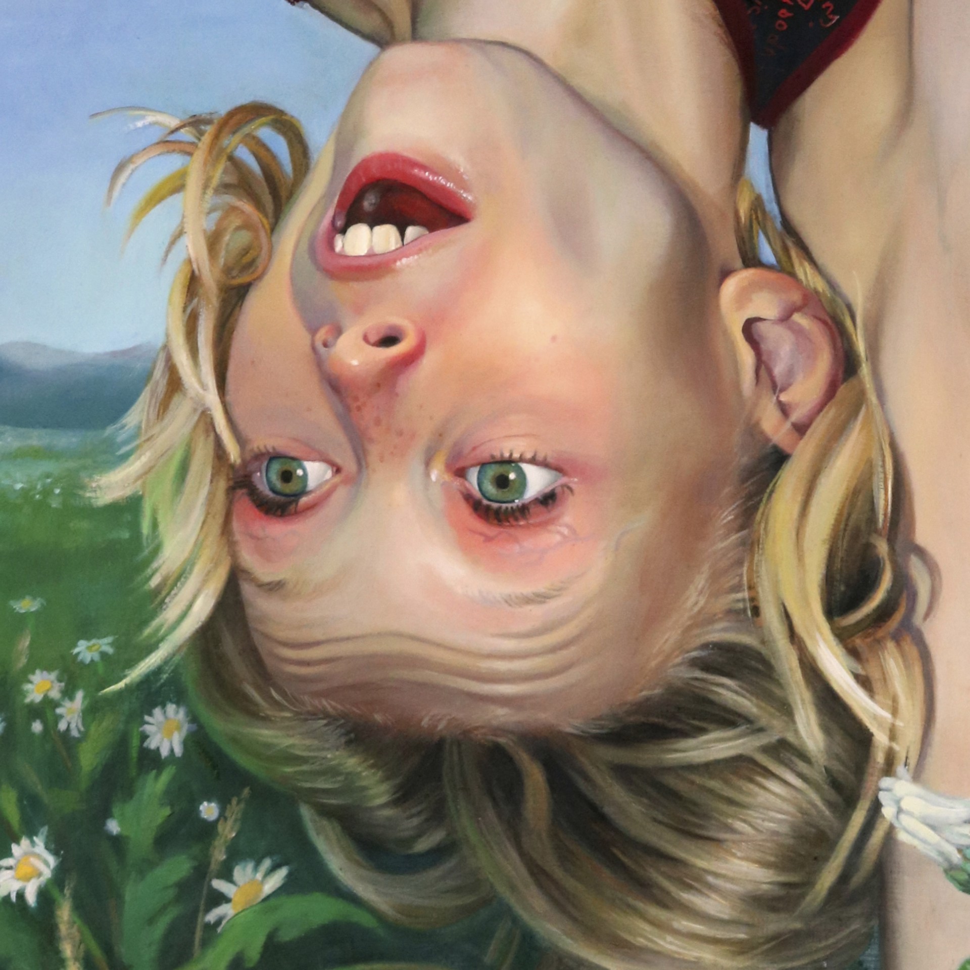 A surreal painting of a person in a leotard hanging upside down against a sky and meadow.