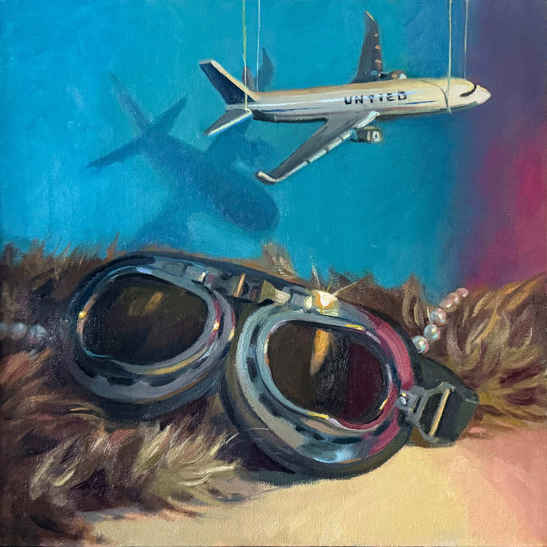 A surreal composition juxtaposing vintage aviator goggles with a suspended airplane model against a textured background.