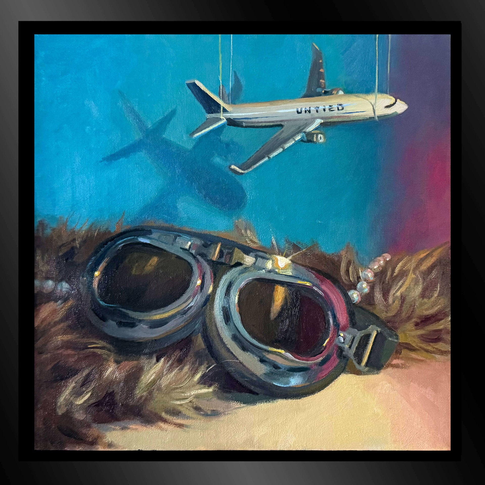 A surreal composition juxtaposing vintage aviator goggles with a suspended airplane model against a textured background.