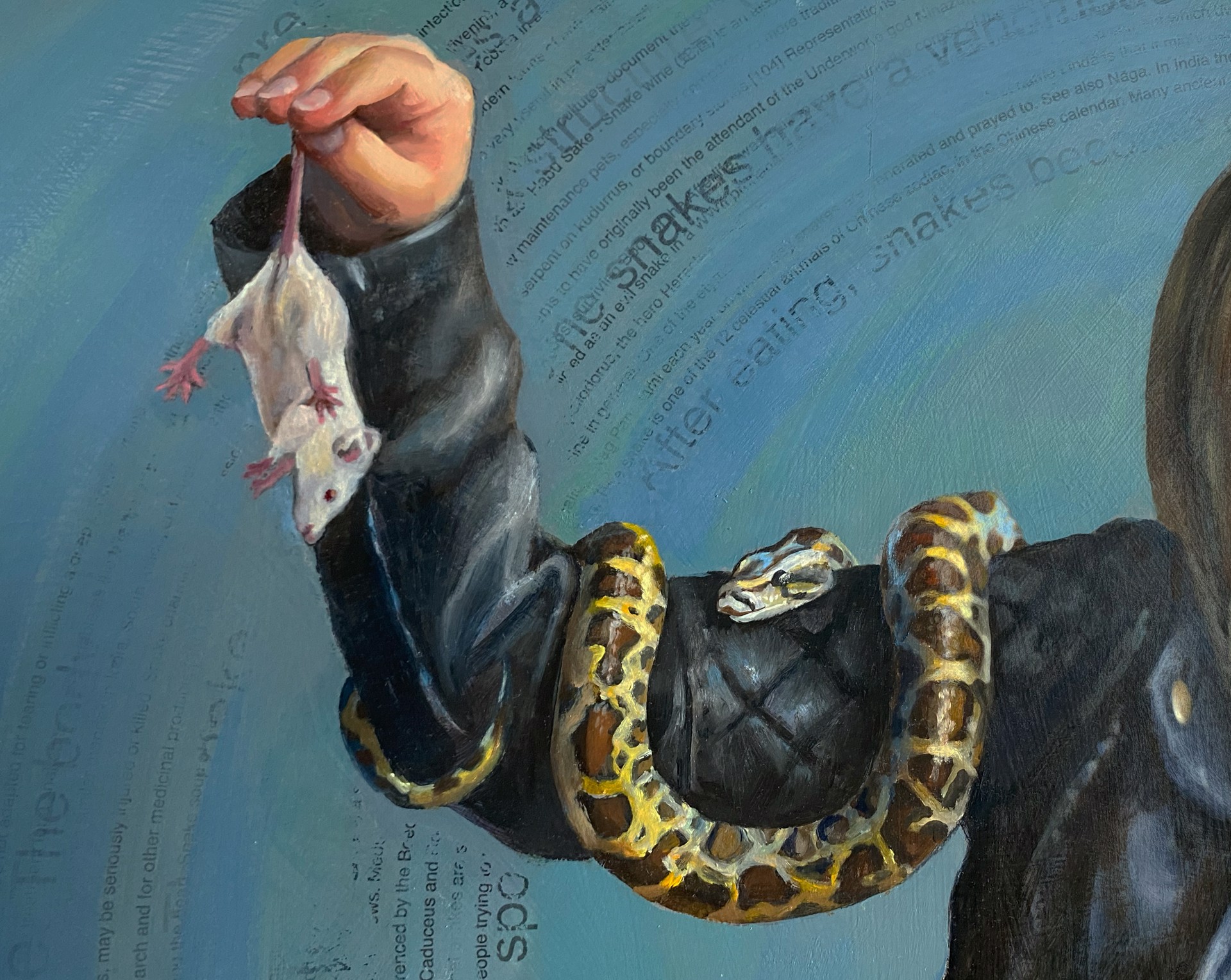 A painting of a girl holding a snake and a book.