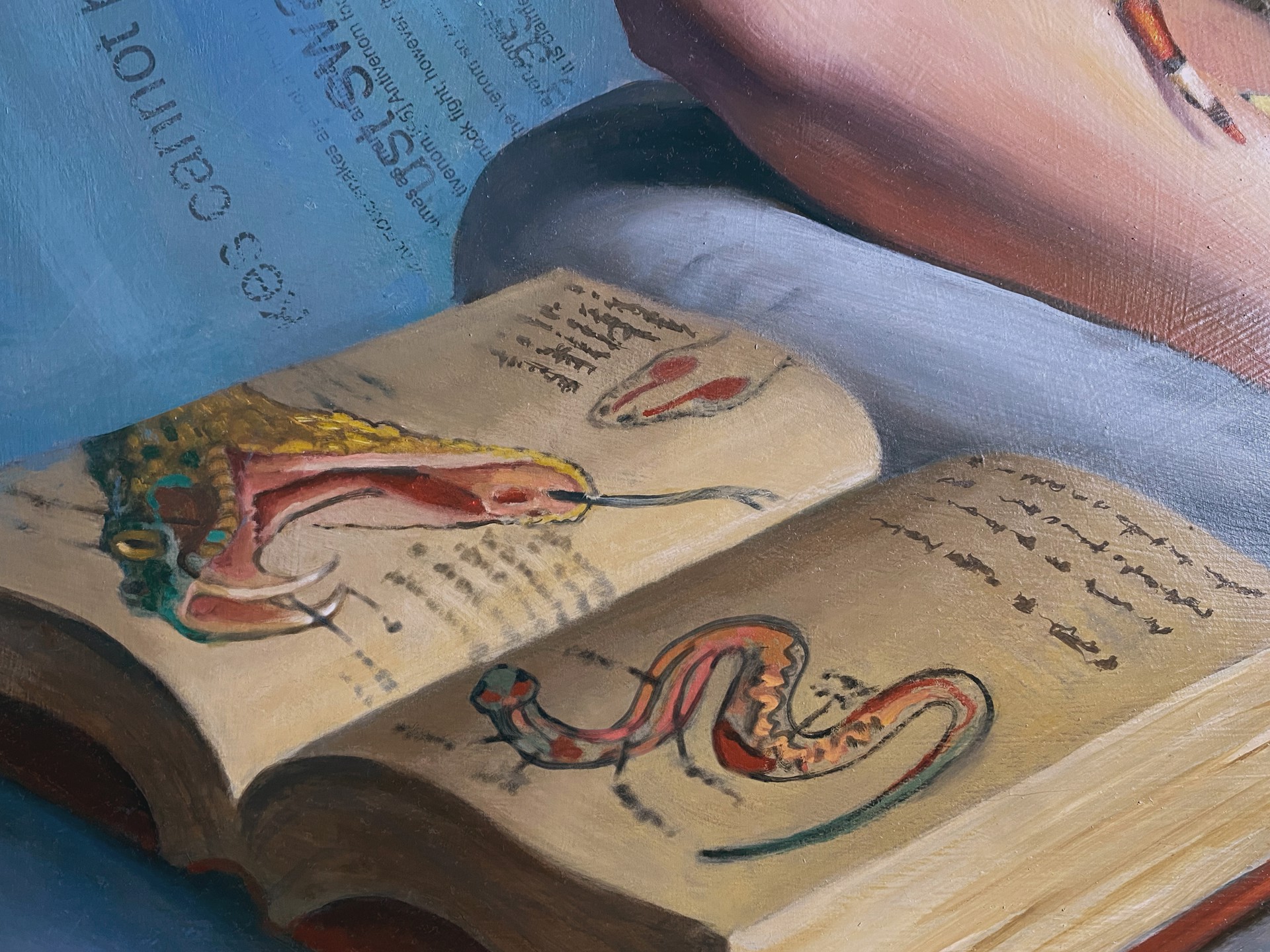 A painting of a girl holding a snake and a book.