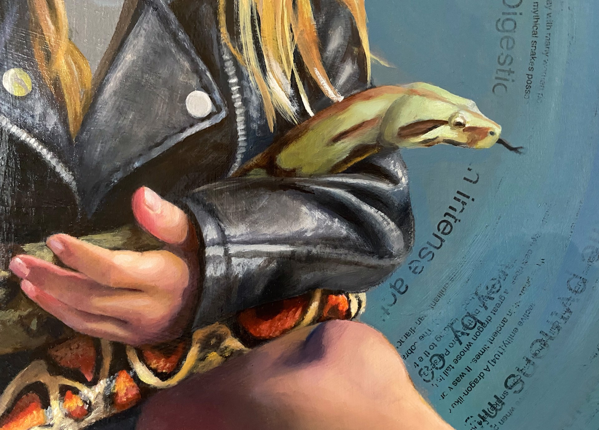 A painting of a girl holding a snake and a book.