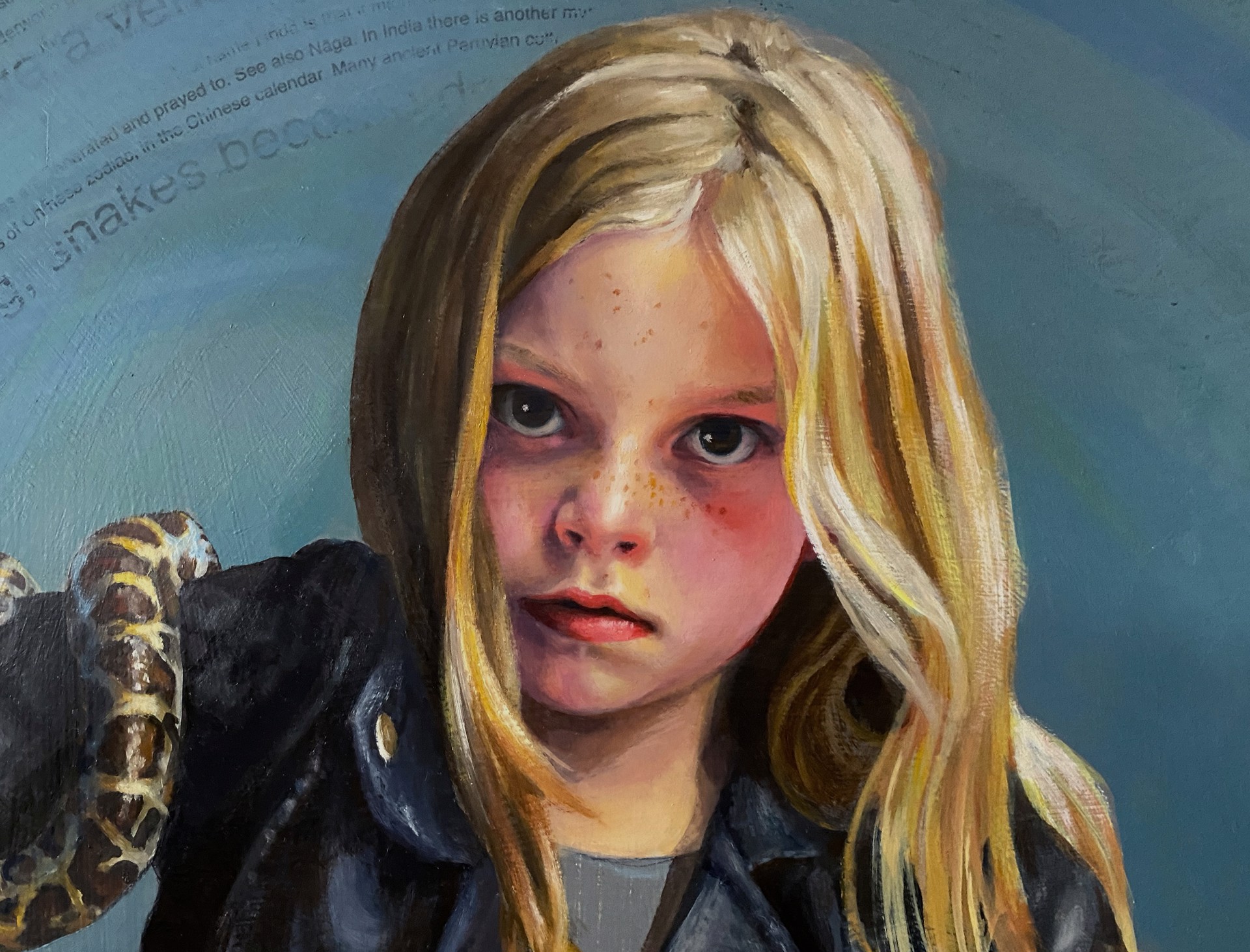 A painting of a girl holding a snake and a book.