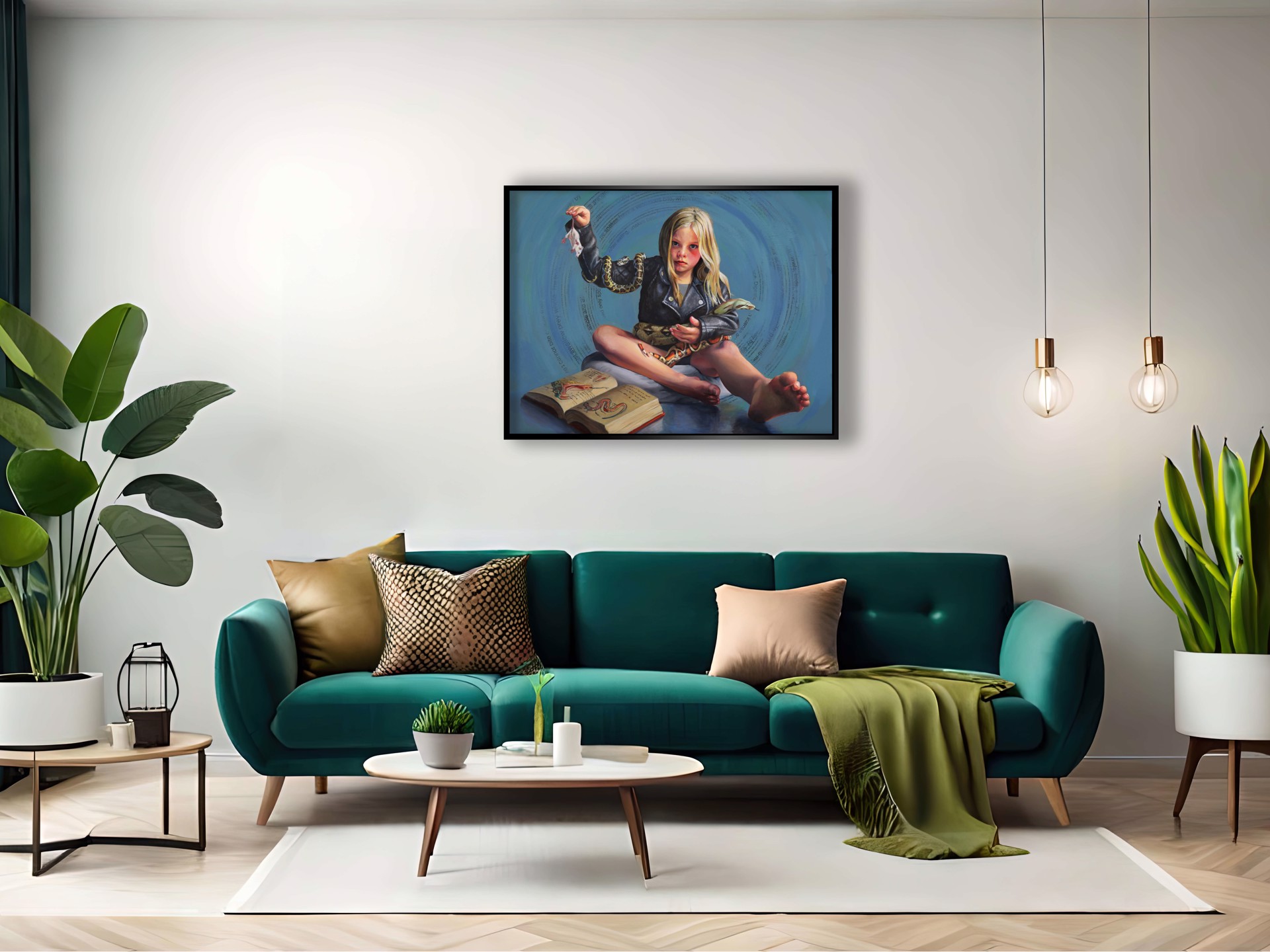 A painting of a girl holding a snake and a book.