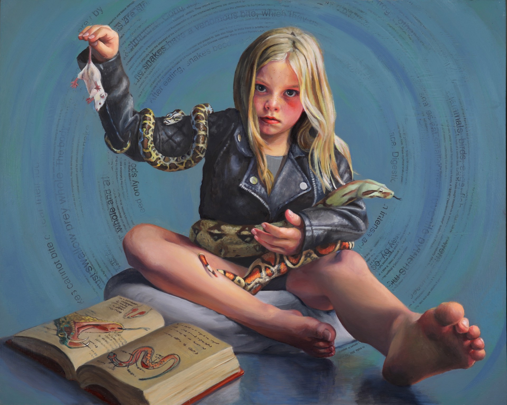 A painting of a girl holding a snake and a book.