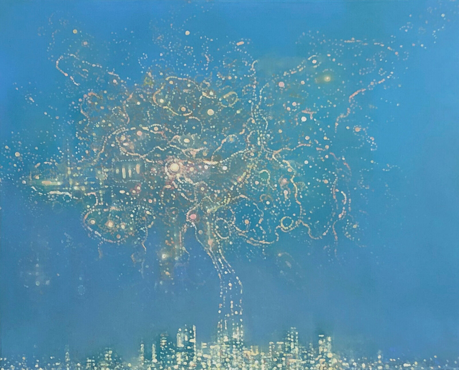 A glowing, abstract tree-like structure emerges from a city skyline against a deep blue background.