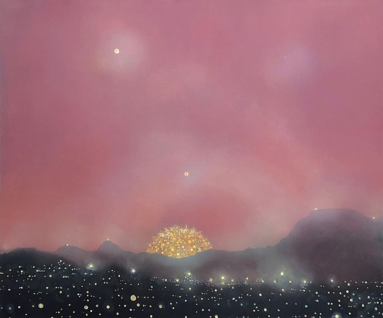 A dreamy landscape painting featuring a glittering golden mound against a pink sky.