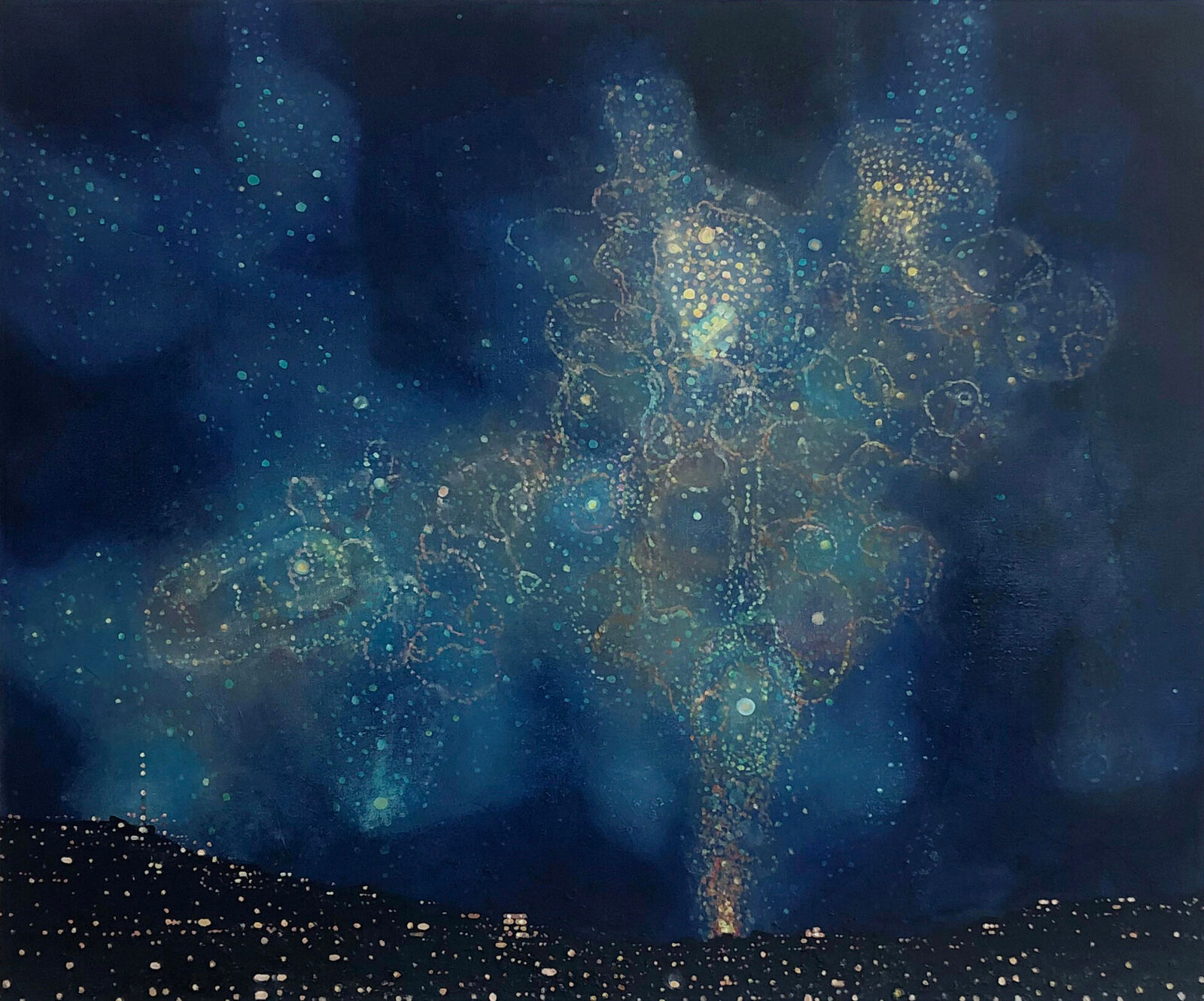 A cosmic landscape where a glowing, star-dusted tree rises from a dark city skyline.