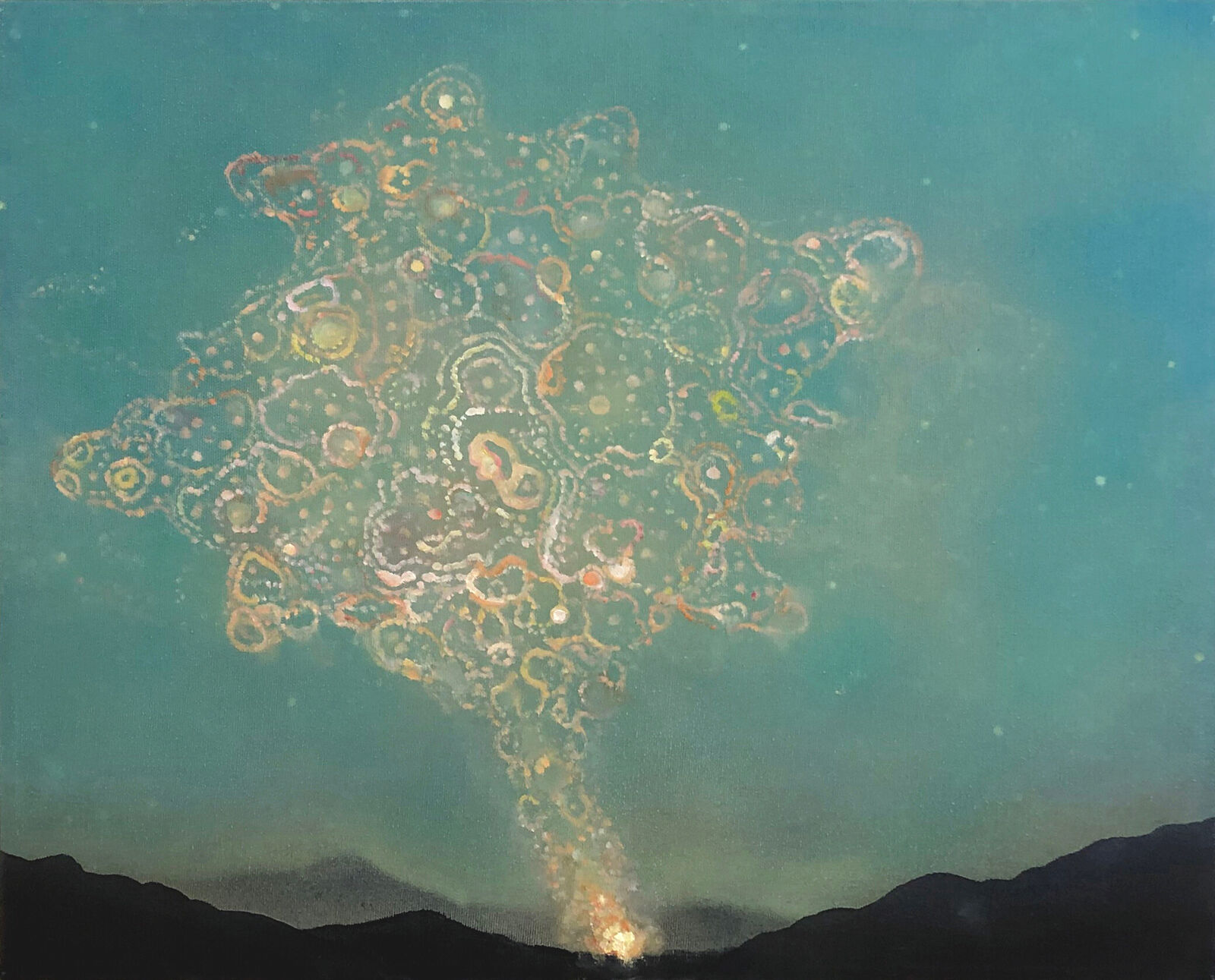 A surreal painting of a glowing, cellular tree erupting from dark mountains.