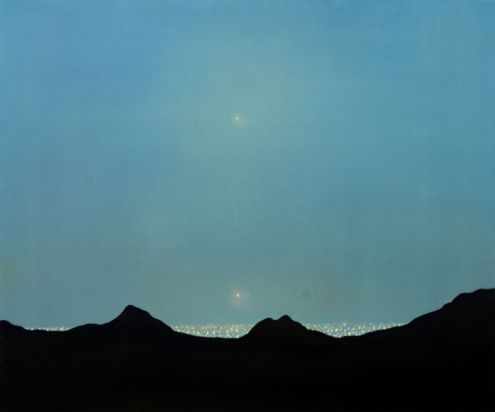 A serene landscape painting featuring dark silhouetted hills against a vast blue sky with distant city lights and celestial bodies.