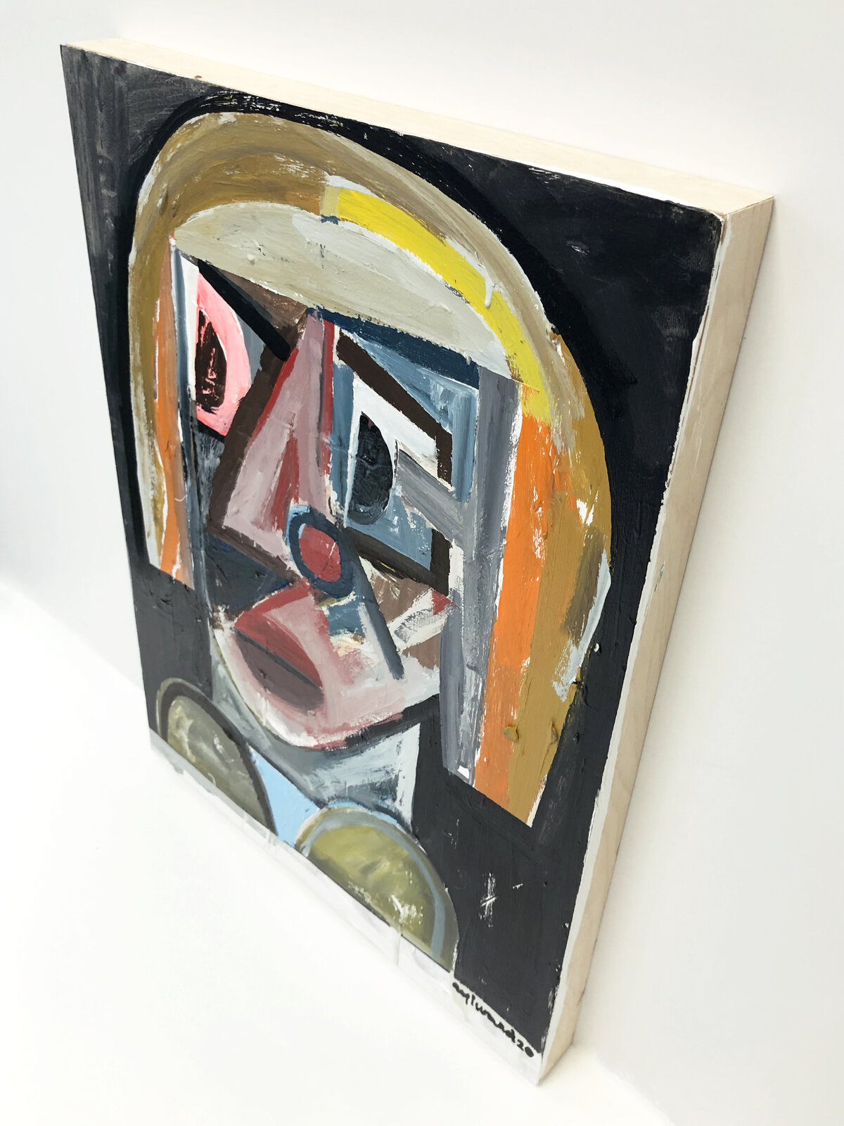 A painting of a woman's face on a black background.