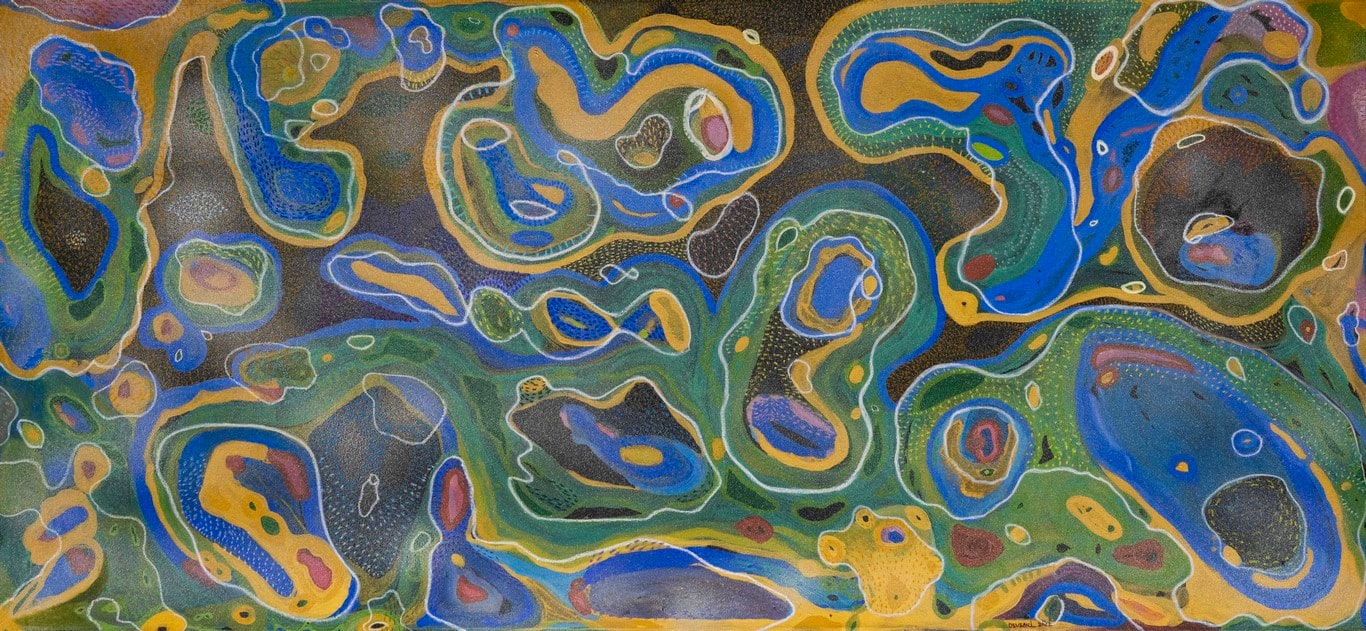 a painting of a blue and yellow pattern on a black background