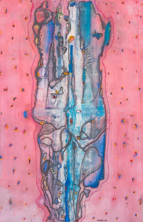 a painting of a woman's torso on a pink background