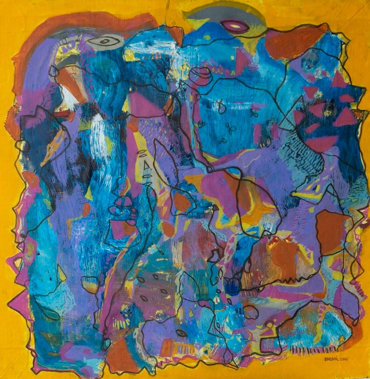 A painting of a blue and yellow abstract painting.